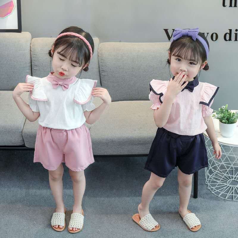 KF Cat Baju setelan anak perempuan korea style polos kemeja+celana pendek set leher bulat kancing belakang