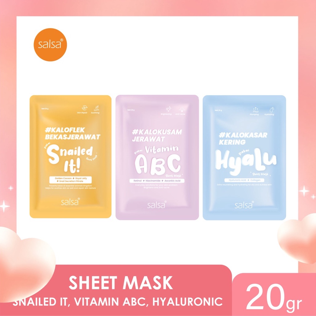 Salsa Sheet Mask 20gr | Masker Wajah Salsa Vitamin ABC, Snailed it, Hyaluronic | BPOM