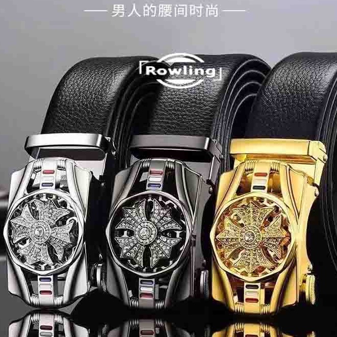 (Rowling )Ikat Ban Hitam Pinggang Import Pria Fashion Belt Gasper Cowo Sabuk Kulit Men Belt Diamond Berputar