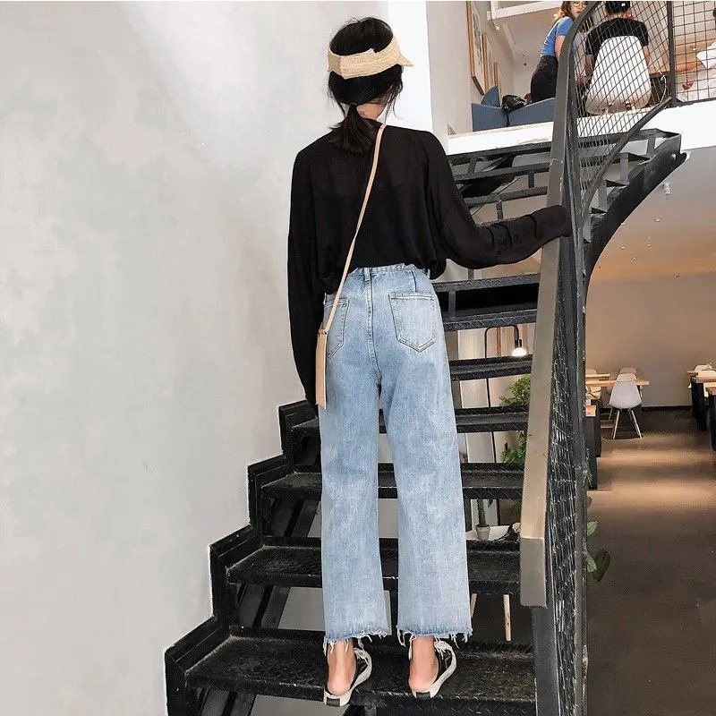 Korean New high waist straight celana jeans panjang wanita