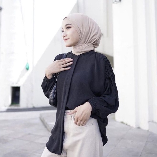 Tq88indonesia Baju Blouse Wanita Serut Tangan / SANI YEMI OUTFIT / Blus Polos Lengan Panjang / Ootd