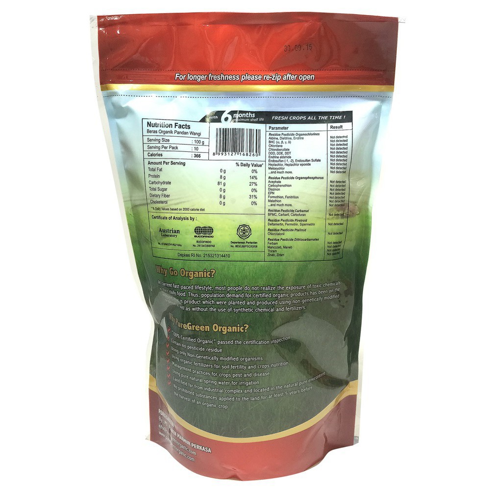 Pure Green Beras Organik 1kg - Pulen Pandan Wangi