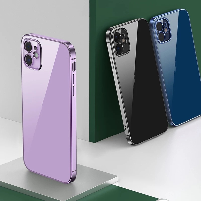 【Sierra Blue】Luxury Plating Square Frame Soft Silicone Case for iPhone 11 12 13 Pro Max XR X XS MAX  Transparent Cover