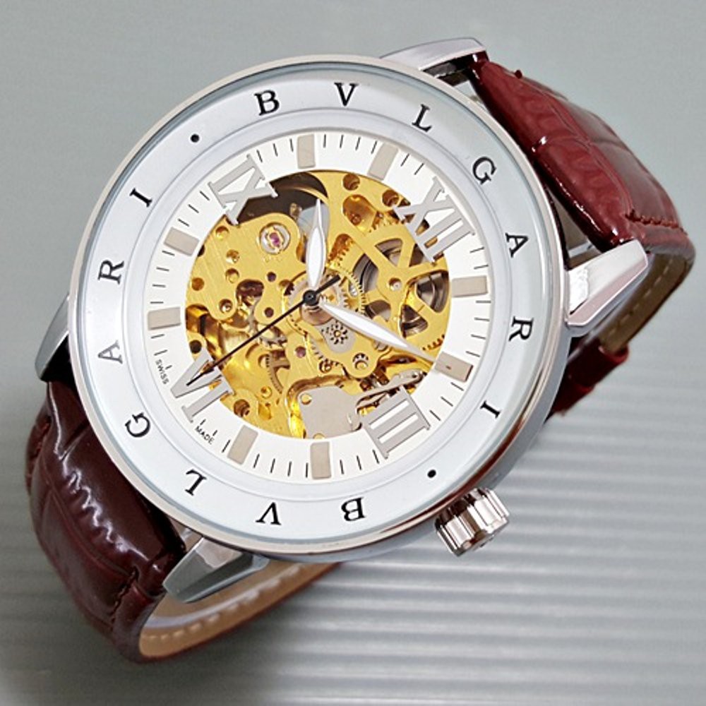 Jam Tangan Pria   Cowok Bvlgari Skeleton Jumbo Kulit Romawi SilverWhite Brown Automatic