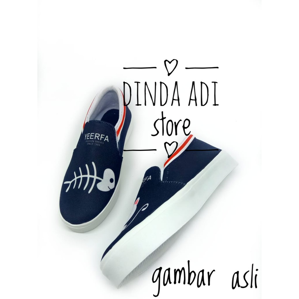 DINDA SEPATU WANITA SLIP ON BONES FISH CAT REALPICT 100% MURAH - HITAM