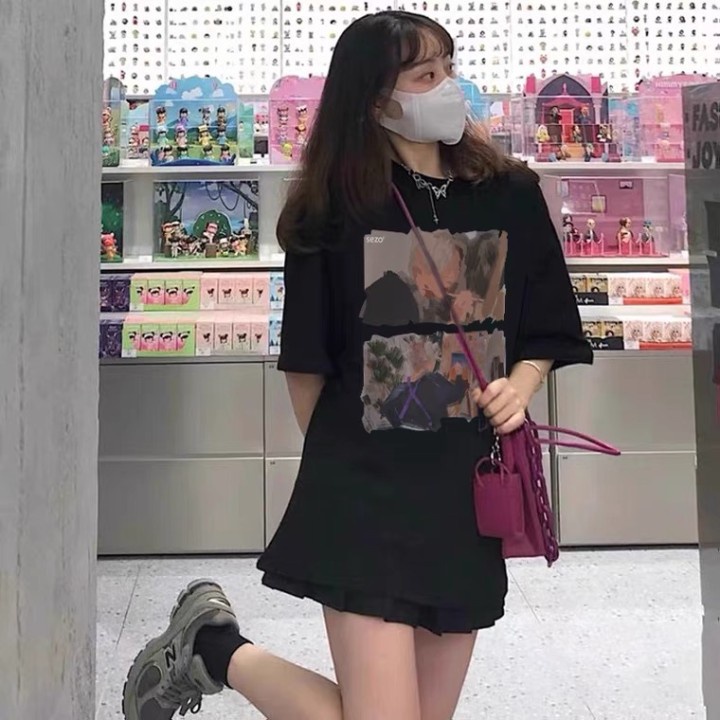 baju kaos wanita painting pattern lengan pendek kaos korean style oversize hitam t-shirt