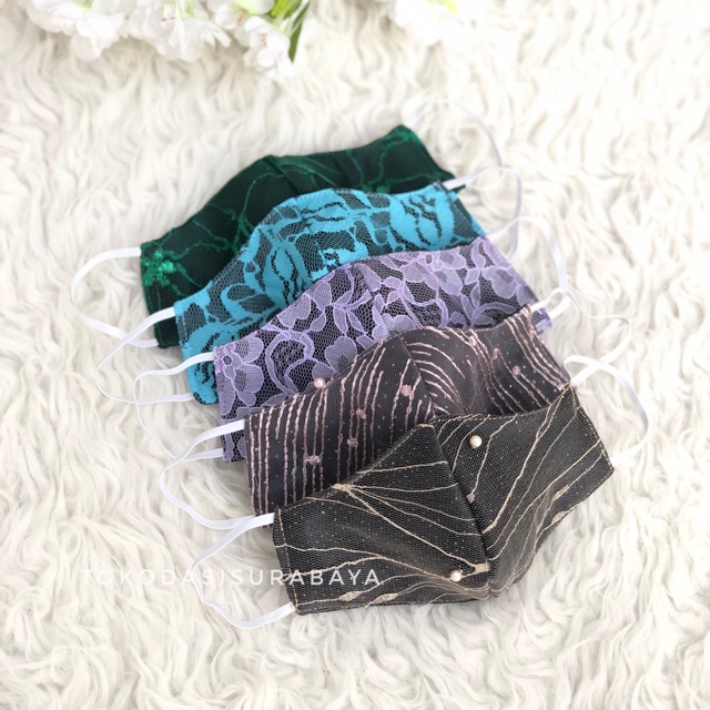Masker fashion 3ply kain non medis bisa di cuci lace brukat hijau biru ungu earloop/ headloop
