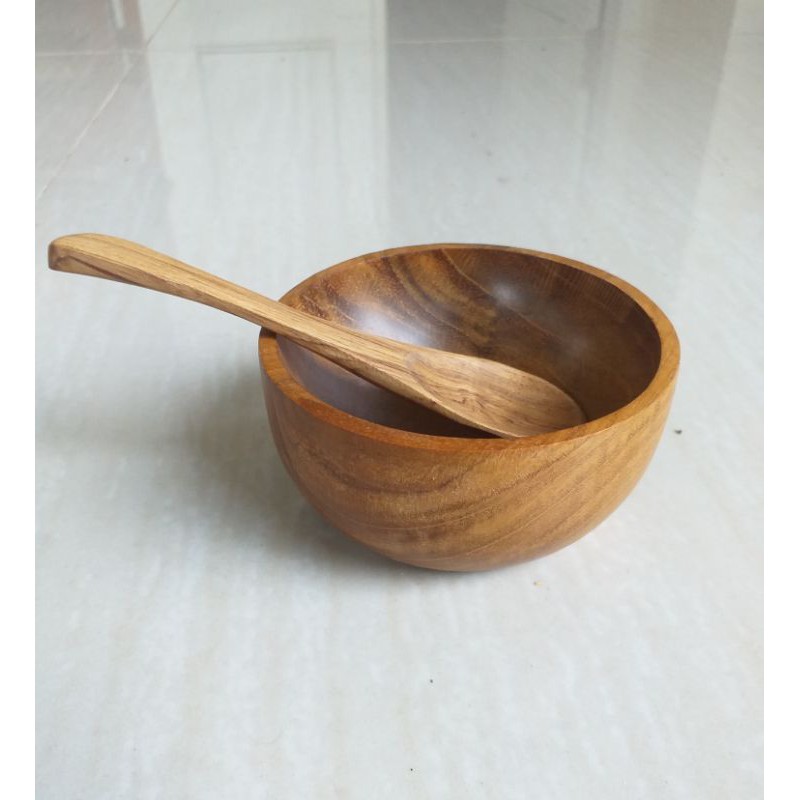 mangkok dan sendok masker kayu jati 8cm