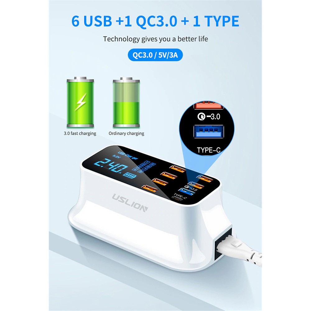 USLION Charger USB Charging Station USB Type C + Type A 8 Port LED Display - White - 7RUA30WH