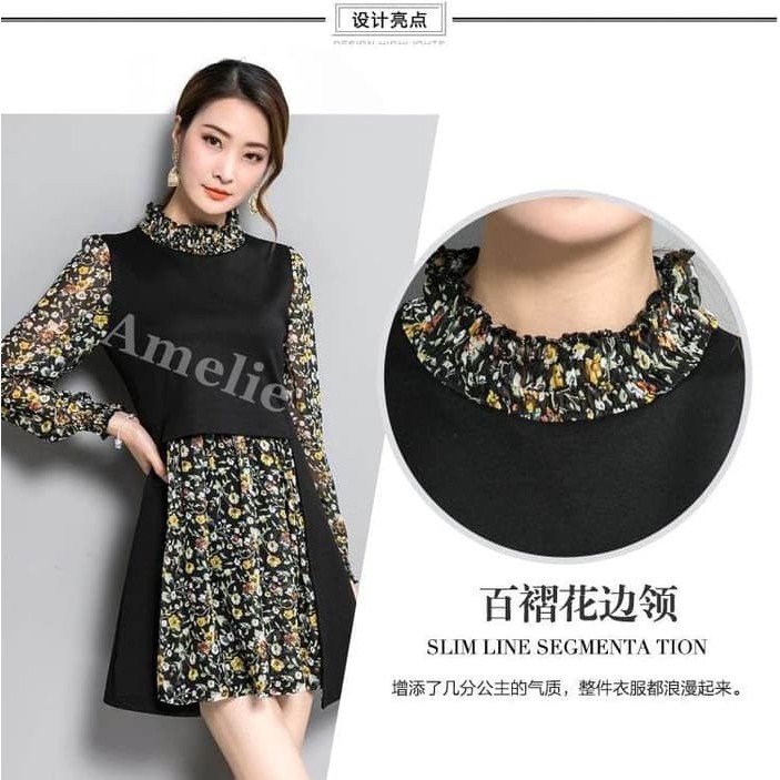 Mini Dress Lengan Panjang Vintage Korea Import AB432641 Hitam Black