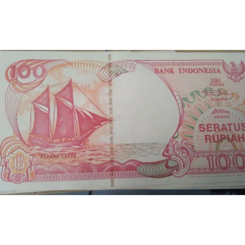 Uang Kertas 100 Rupiah Perahu Layar Tahun 1991 UNC