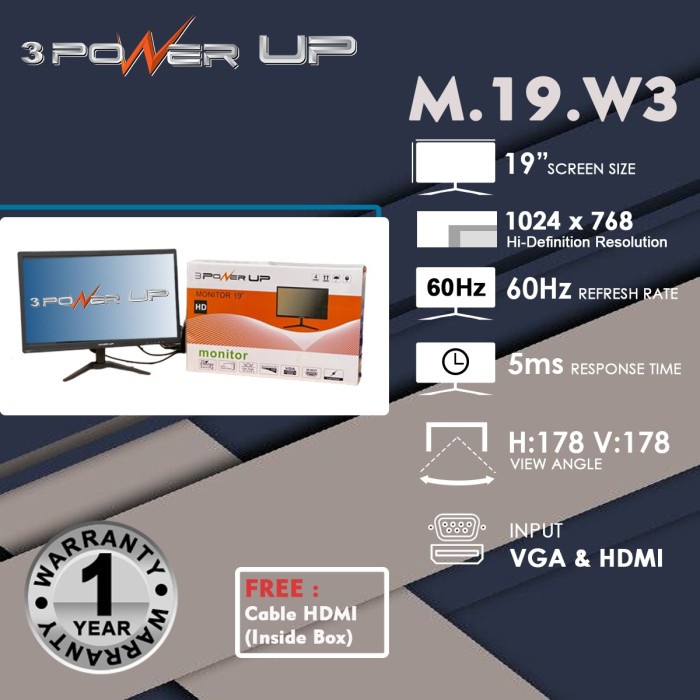 Monitor LED 19&quot; VGA/HDMI 3 Power Up M.19.W3 19&quot; 1024P 60Hz 5 ms