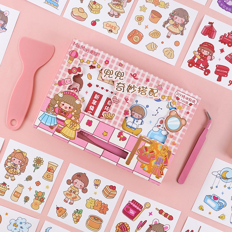 100 Lembar Stiker Minyak Motif Kartun Campur Dengan Sekop Dan Pinset