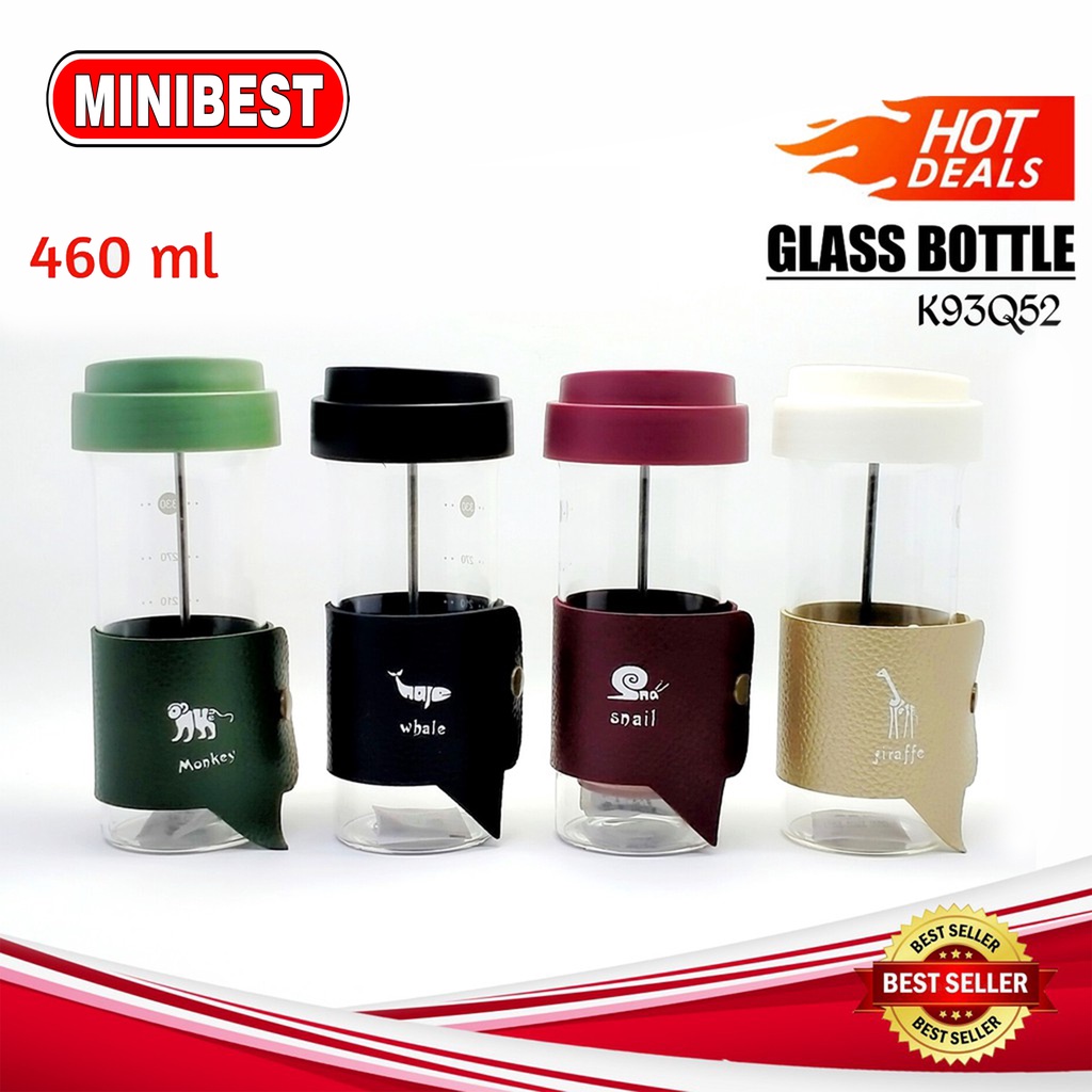 Glass Water Bottle Botol Air Minum Kaca Tumbler Saringan Teh Infused Water BPA-Free 460ml