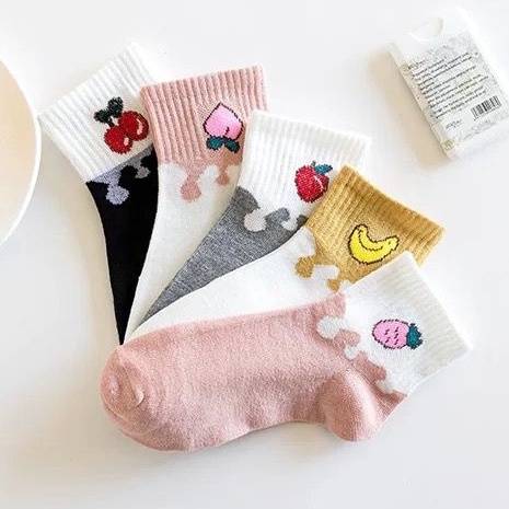 [littlecrab] Kaos Kaki Buah Warna Pastel Soft Lembut Kaos Kaki Lucu Simple Berkualitas Cute Fruit Banana Cherry Strawberry Women Socks Kaos Kaki Panjang High Quality Korean Style