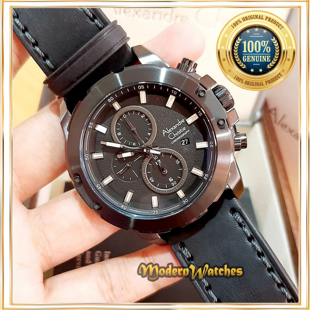 Jam Tangan Alexandre Christie Pria Terbaru Original AC 6583 Hitam Full Black Kulit Sporty Alexander