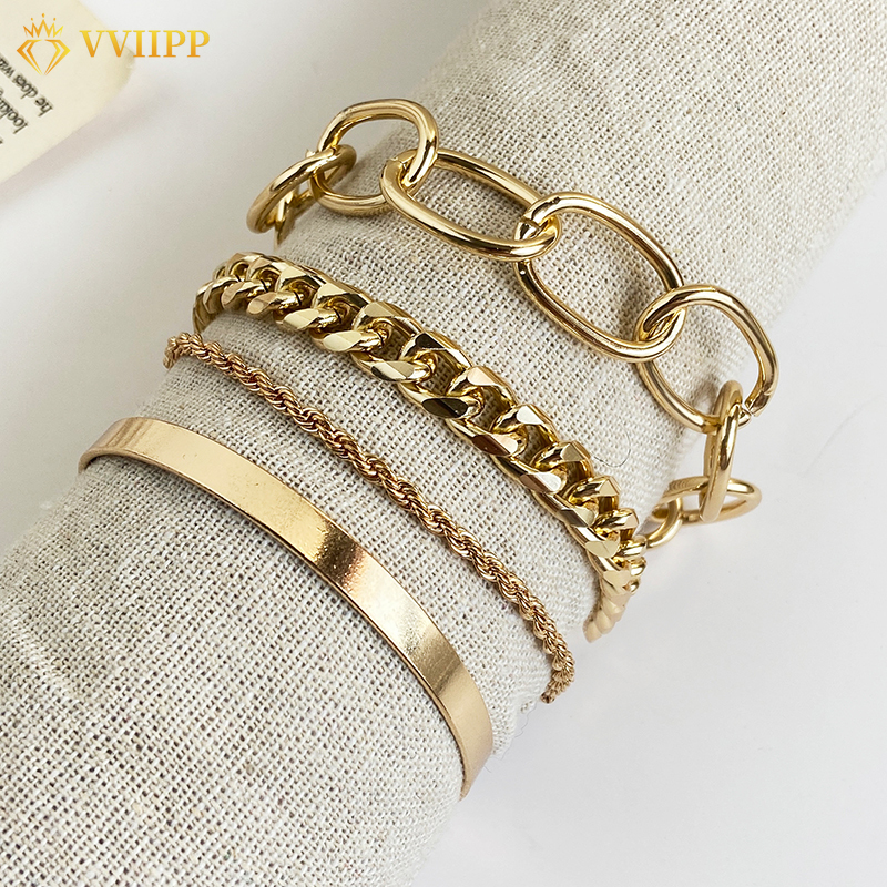 4pcs/set Korean Fashion Thick Chain Geometric Gold Bracelets Personality Exaggerated Bracelet Jewelry Accessories