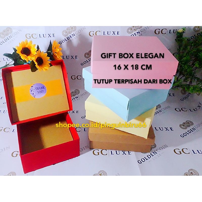 

GIFT BOX ELEGAN 16 X 18 X 7 CM + THANKYOU STICKER dalam tutup box