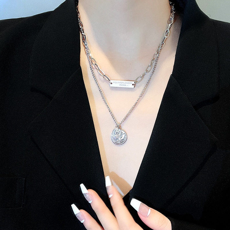 Kalung Rantai Liontin Potret Model Lapis Ganda Gaya Hip-hop Untuk Aksesoris