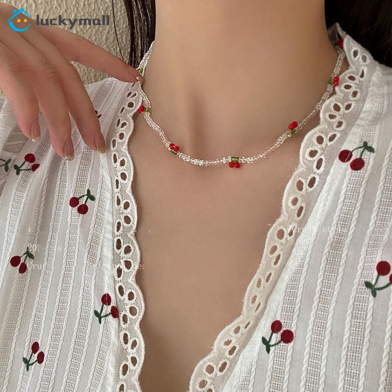 Korean Fashion Bead Cherry Necklaces Retro Pearl Choker Charm Necklace Women Jewelry Accessories Gift