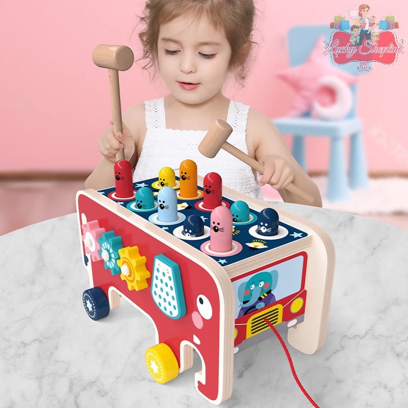 [BIG SALE] elephant hitting hamster wooden knock toys - pull push truck - mainan edukasi anak