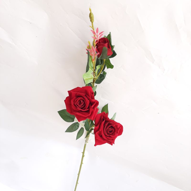 BUNGA MAWAR SUDUT 3 KUNTUM - BUNGA ARTIFICIAL - BUNGA HIAS (BMS25)-02 maroon