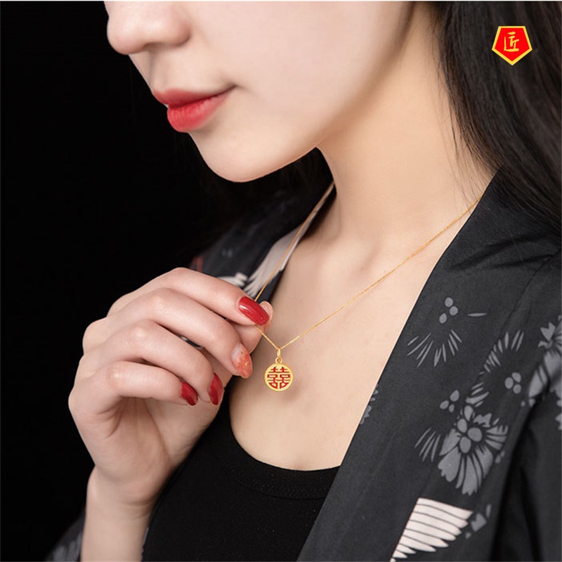 [Ready Stock]Exquisite Chinese Character Gold Pendant Couple Xi Word Necklace