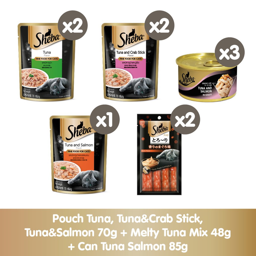 Terbatas CEK HARGA Sheba® Pouch Makanan Kucing basah 70gr (5pcs) +
Sheba Melty 48gr (2pcs) + Sheba Can (3pcs)