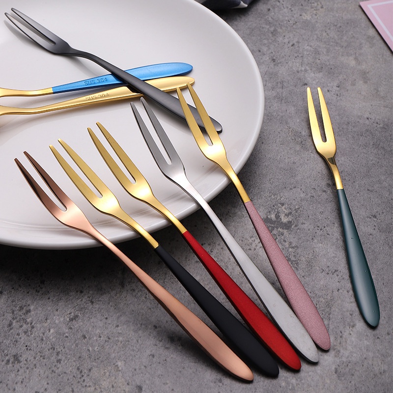 1PCS Fruit Flatware Luxury Stainless Steel Mini Two-tine Fork for Party ,Banquet ,Cocktail ,Dessert ,Fruit ,Cakes,Salad Kitchen Tools