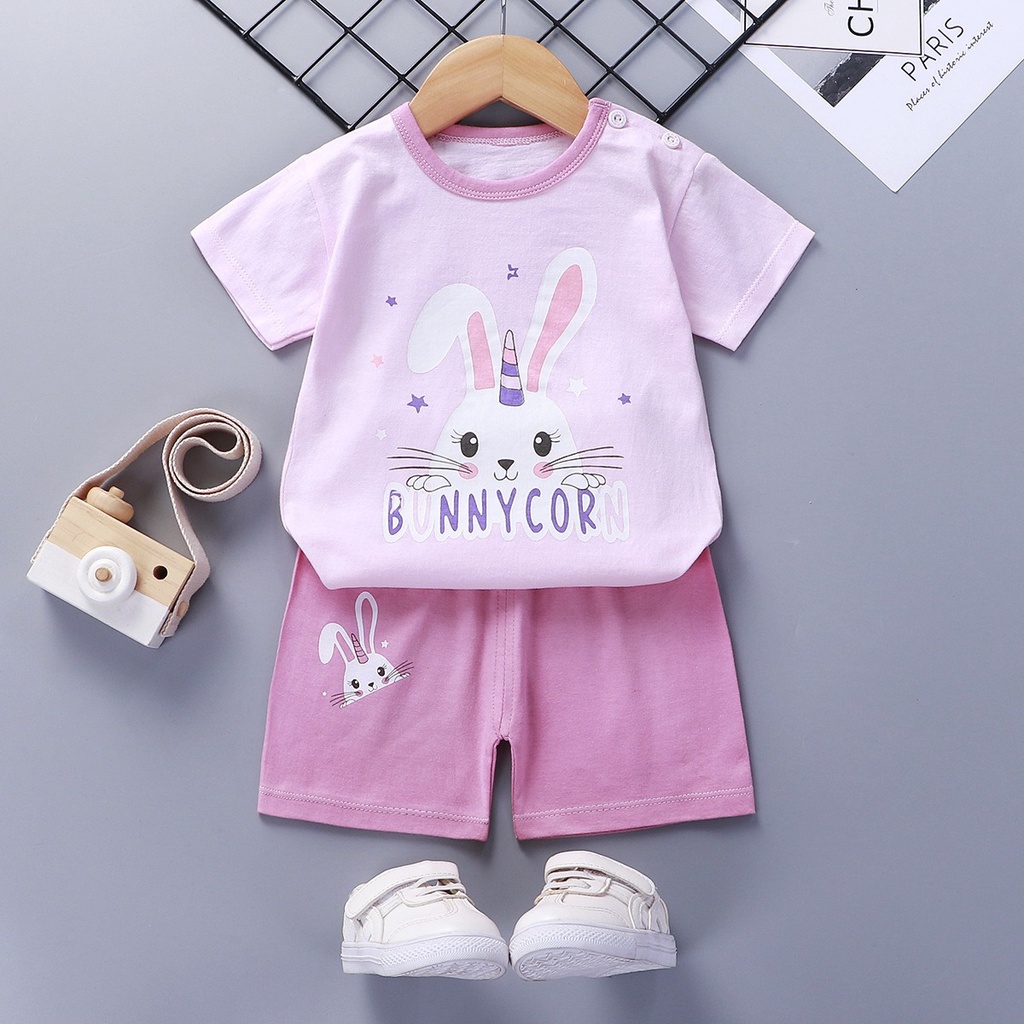 Baju Setelan Bahan Kaos Anak Cewek  Perempuan Lengan Celana Pendek Berkualitas Import 2