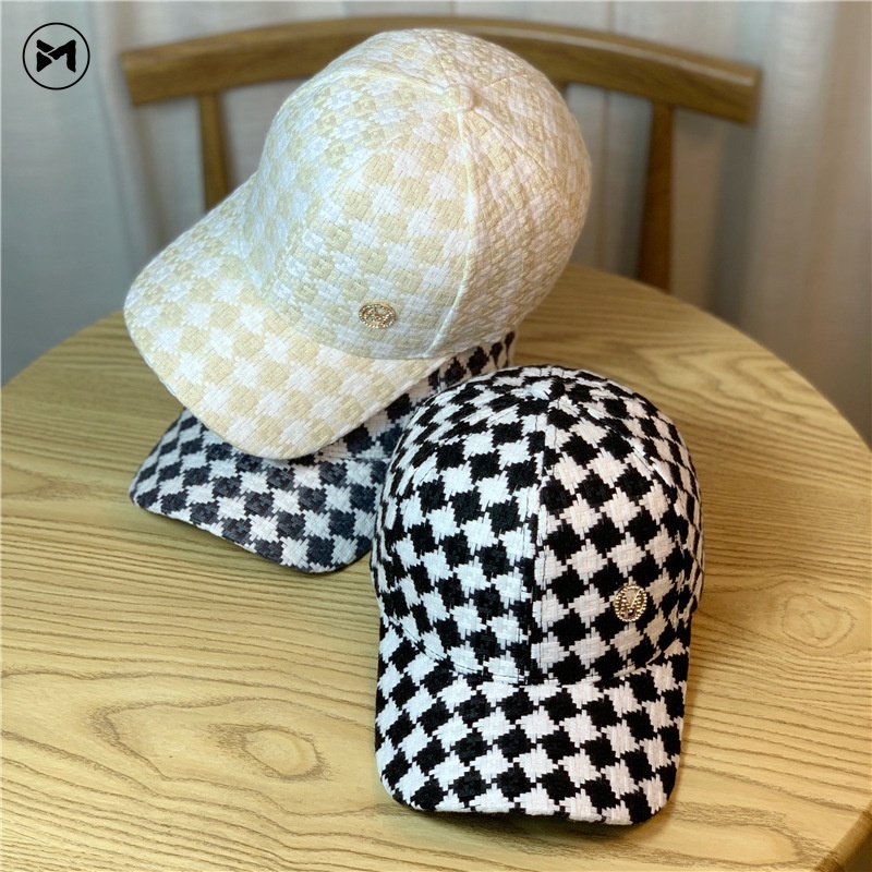 Topi Baseball Motif Kotak-Kotak Hitam Putih Aksen Berlian Imitasi Gaya Kasual Untuk Wanita-8