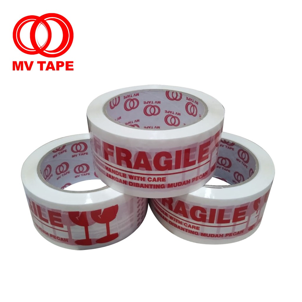 

LAKBAN FRAGILE - KUALITAS OK/ LAKBAN MURAH/ TIDAK MUDAH PUTUS/ MV TAPE/ 100 YARD