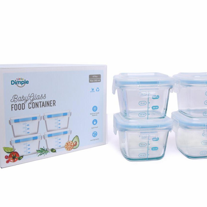 Little Dimple Baby Glass Food Container( Blue Square) 4 Pcs Max 160 ml