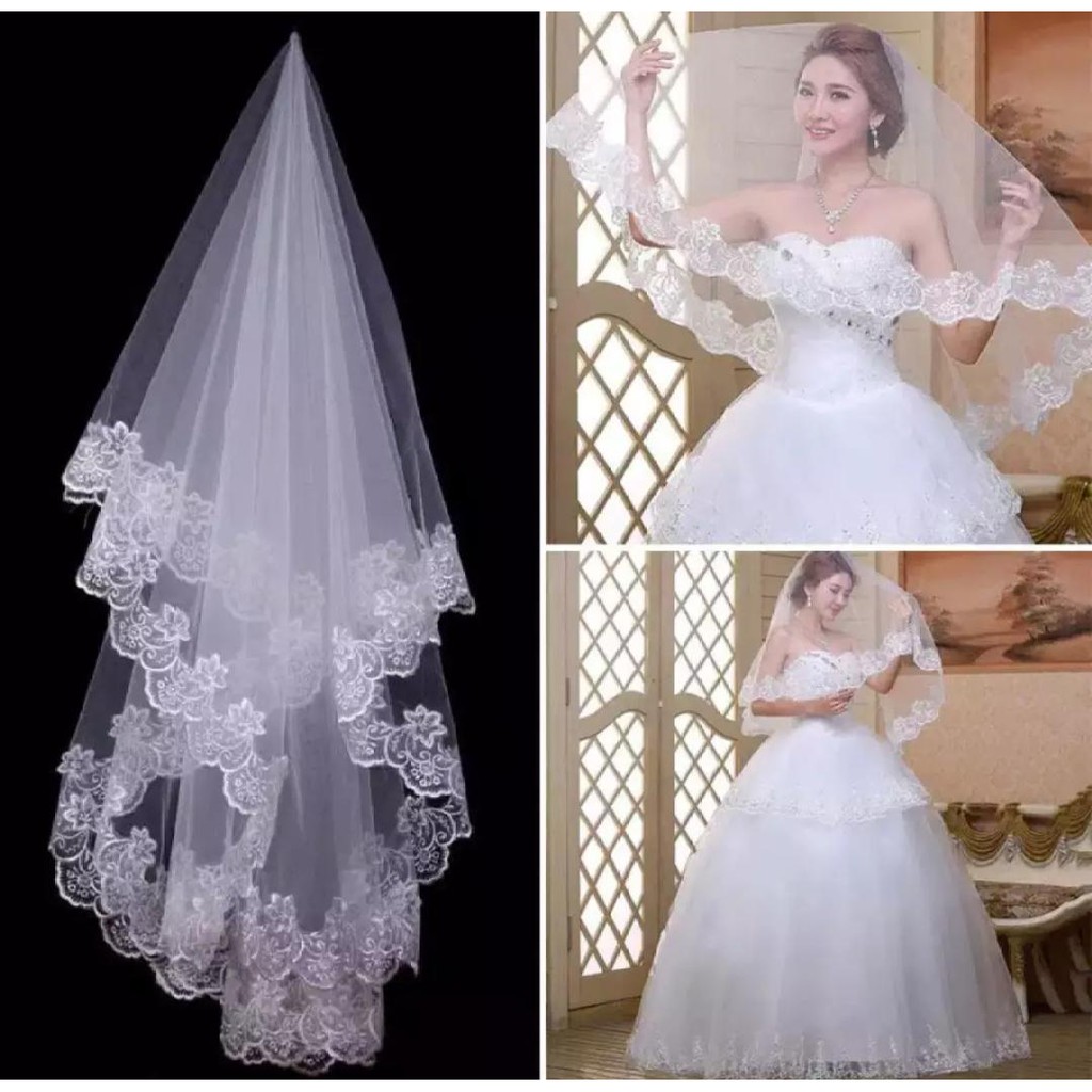 White Elbow Tulle Lace - Slayer Wedding Bridal Long Veil - Kerudung Pengantin 1 Layer