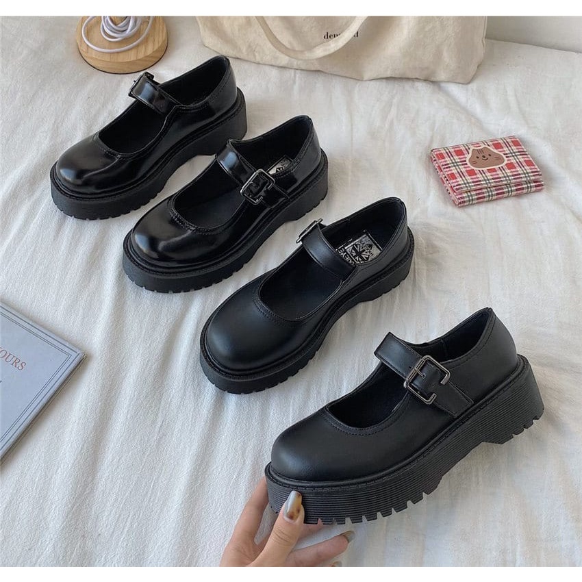 Sepatu Sekolah Wanita Remaja / Remaja Gesper Fashion Korea Black Glosy And Dof DK 777