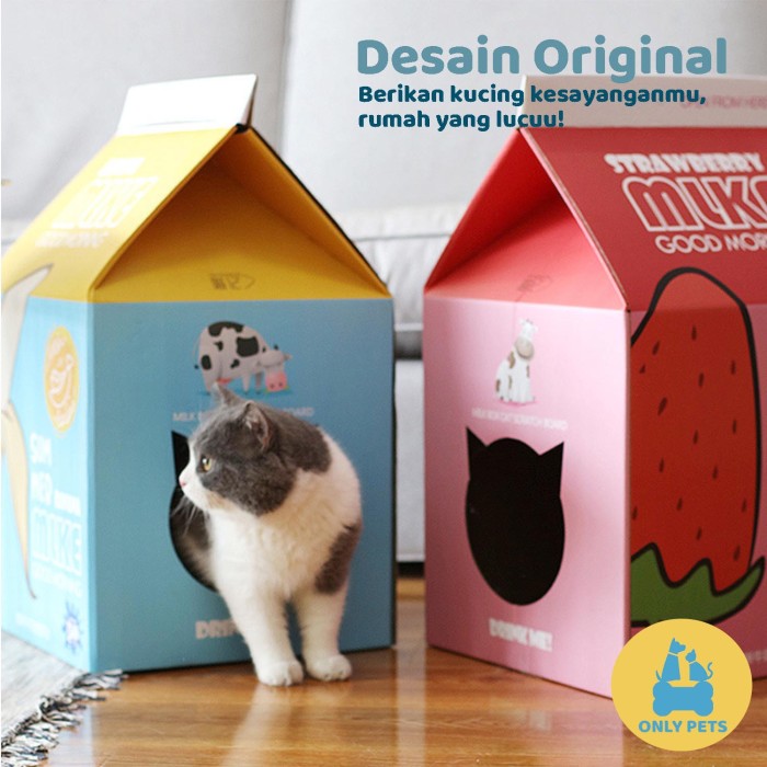 Rumah Kucing Lucu Milk Box Berkualitas - Kandang - Mainan - Cat House