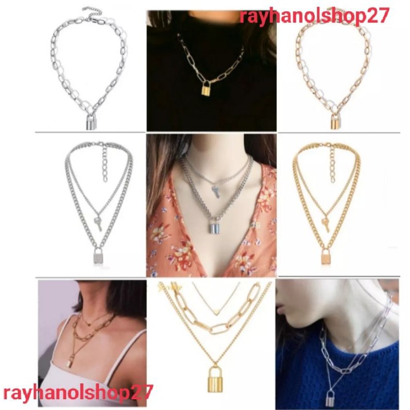 KALUNG RANTAI GEMBOK KONCI MEWAH LAPIS EMAS WARNA GOLD DAN SILVER