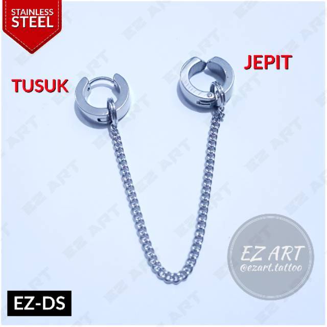 1Pc Model EZ-DS DOUBLE GANDA Rantai Silver Anting Pria Cowok - Wanita Cewek Jepit Tusuk KPOP Punk