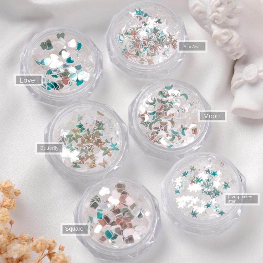 AUGUSTINA Agustina Glitter Nail Sequin Nail Art Perhiasan Ins Gaya Cinta Hati Bulan Cermin Kuku Sequin Nails Flakes Slice