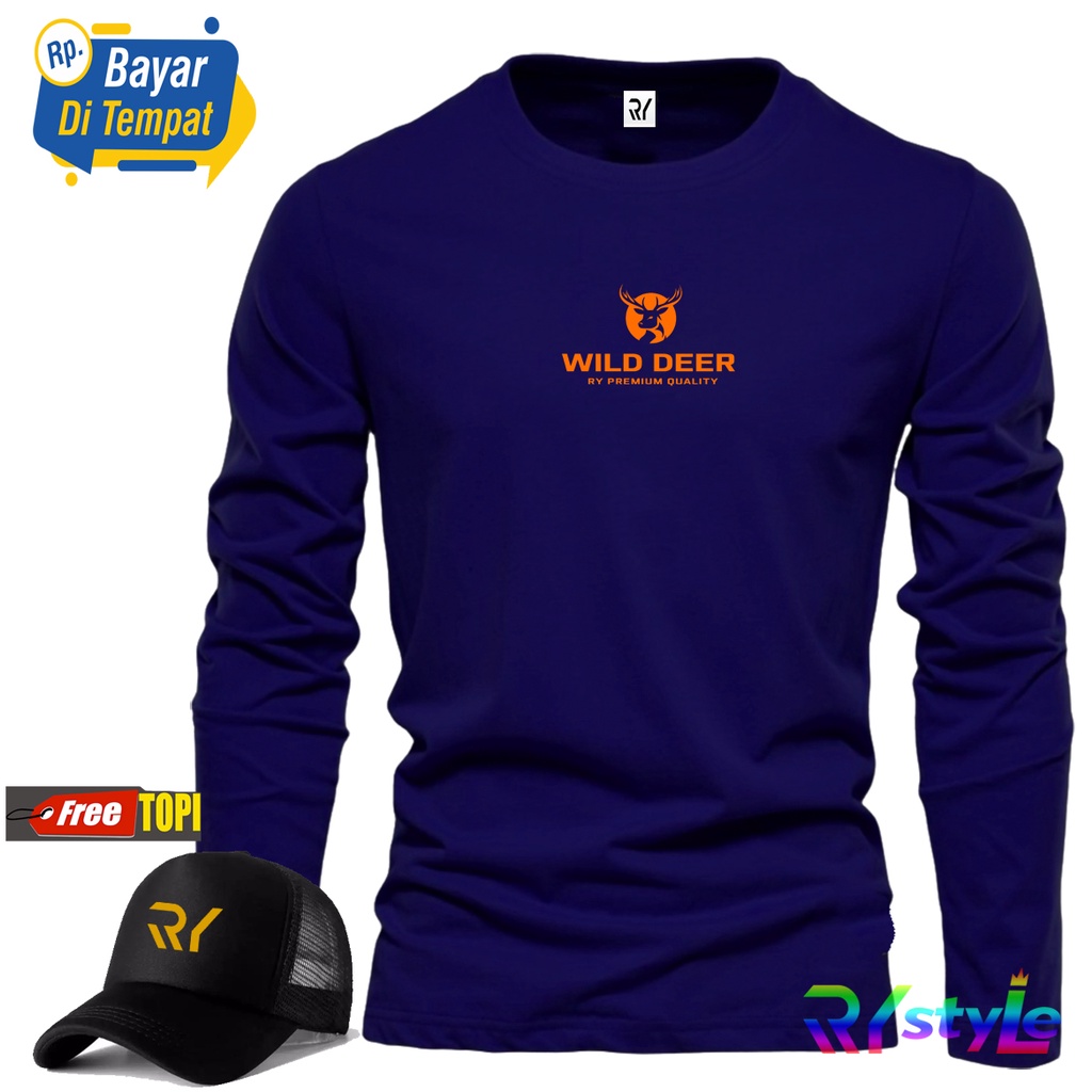 BONUS TOPI.. Kaos Lengan Panjang WILD DEER Orange + Topi Random / Kaos Pria / kaos Polos
