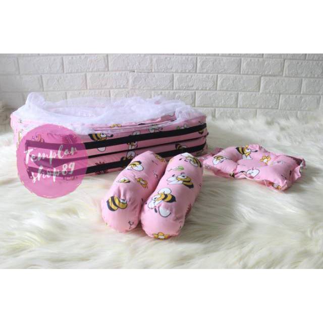 Kasur bayi set kelambu bantal guling model lipat  pink lebah termurah