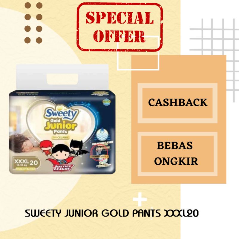 POPOK BAYI PEMPERS SWEETY XXXL20 SEKALI PAKAI SWEETY GOLD JUNIOR NIGHT PANTS XXXL 20