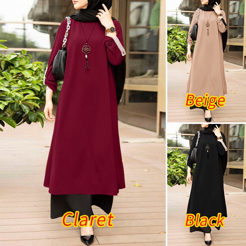 ZANZEA Women Casual Solid O Neck Long Sleeve Button Cuffs Split Hem Muslim Maxi Dress