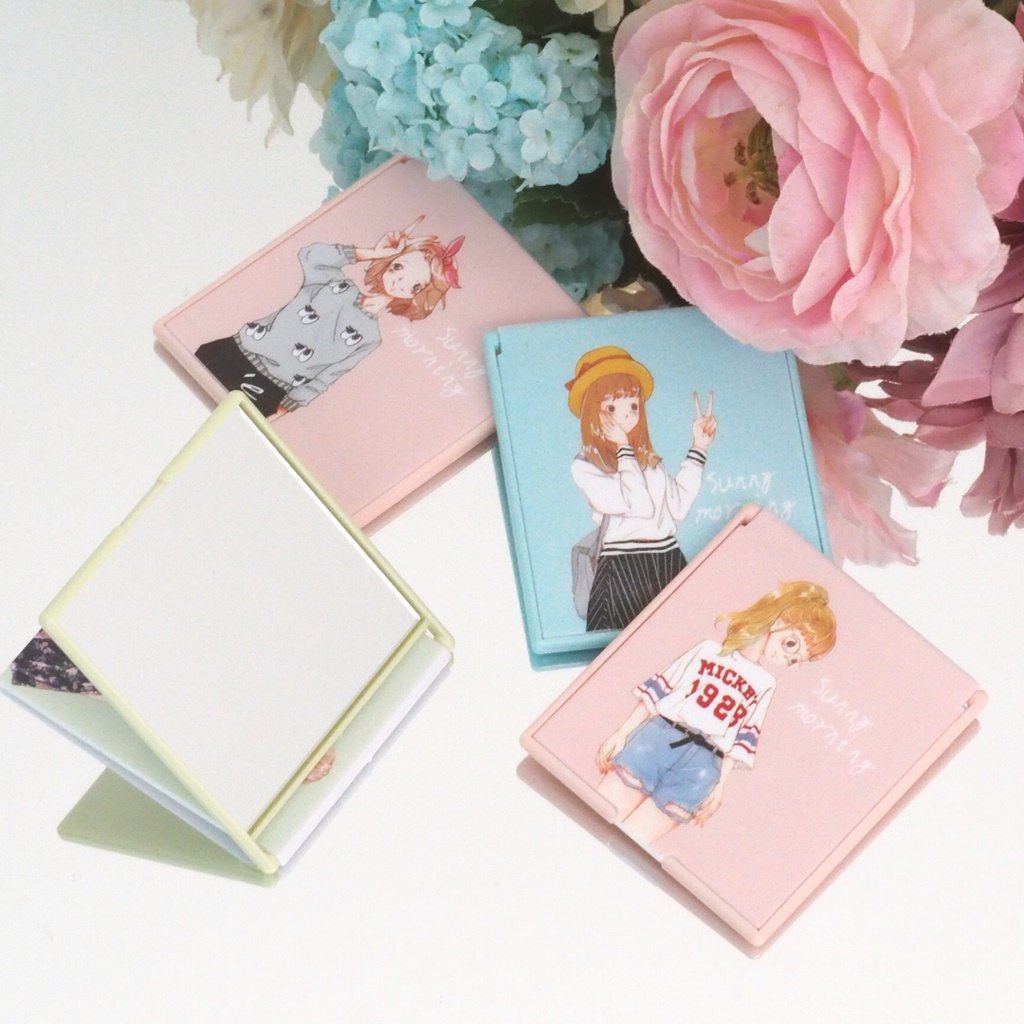 Cermin Lipat Kotak / Cermin Saku Korea Portable Mini Motif Karakter  Lucu / Kaca Lipat Make Up Travel
