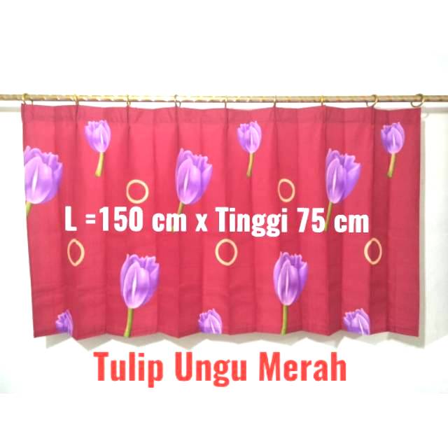 Gorden hordeng jendela pendek kecil/Washtafel kolong dapur Tulip Ungu merah ukuran 150 x 75 cm