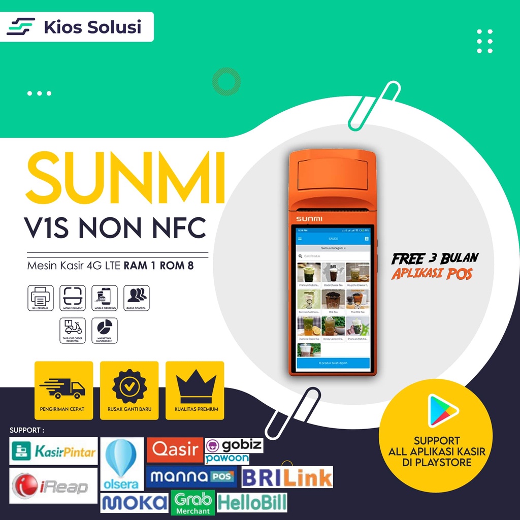 Mesin Kasir Portable | SUMNI V1S Non NFC | Mesin Kasir Android | POS | RAM 1 ROM 8 | 4G LTE