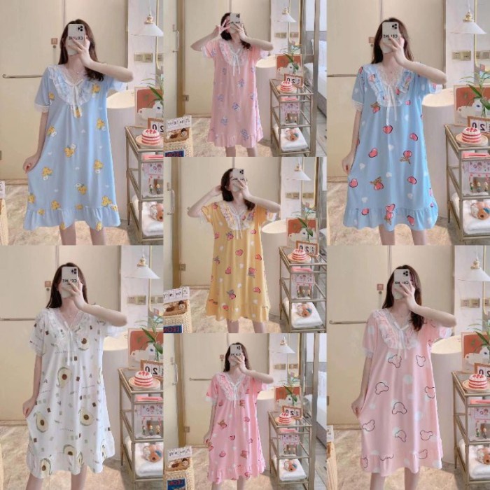 BAJU DASTER KEKINIAN CEWEK WANITA KOREA SPANDEK IMPORT LENGAN PENDEK SELUTUT MOTIF KARAKTER RENDA PI