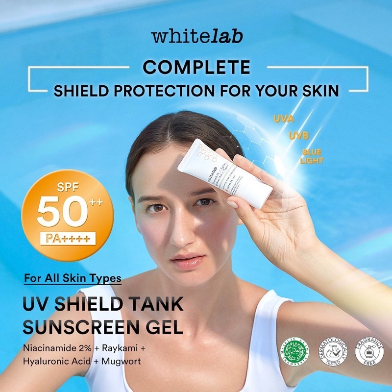 WHITELAB UV Shield Tank Sunscreen Gel SPF 50++ PA++++ Indonesia / Facial Wash Hydrating Essence Toner Serum Ampoule Day Night Underarm Eye Cream Clay Mask Masker Body Soap / Face Acne Brightening Mugwort Heartleaf Niacinamide Paket Wajah Lengkap Pelembab