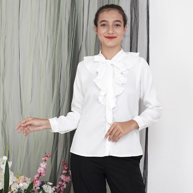 Kemeja Putih Ruffle Wanita Tangan Panjang