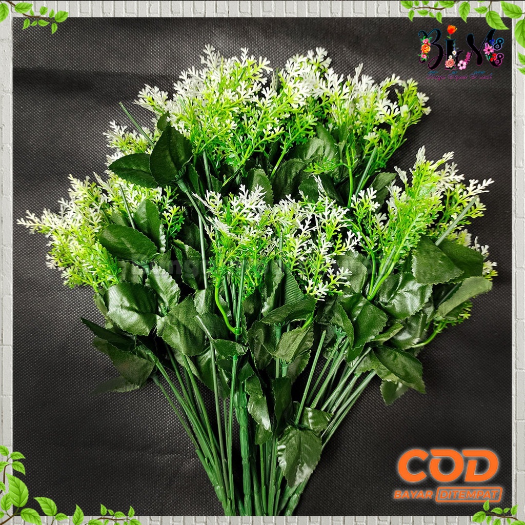 Tangkai Dan Aksesoris Daun Lusinan Cabang 5 Artificial - Motif Bunga/Melati/Semanggi/Keong/Polos